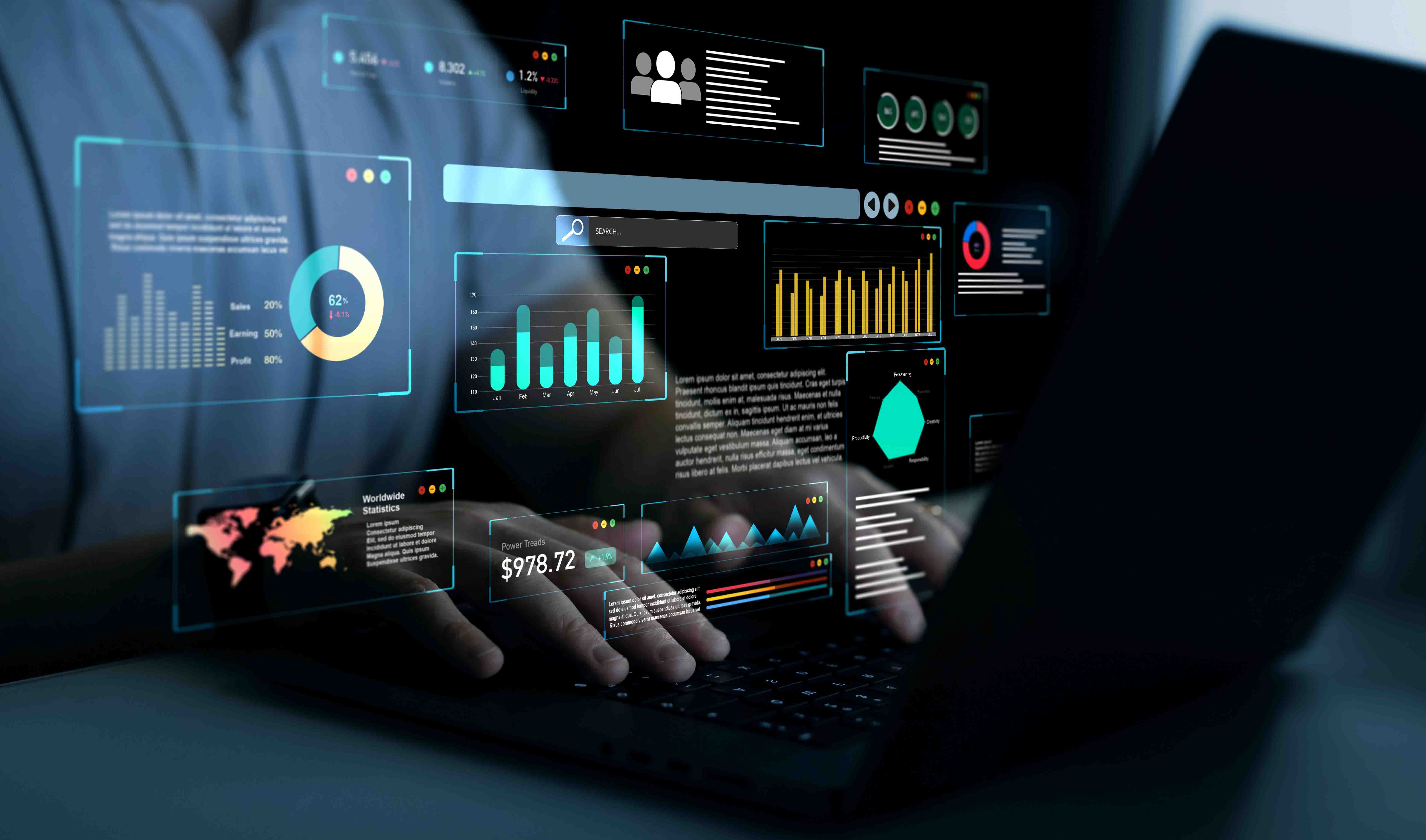 stylized representation of data flowing into a predictive model graphic, showing algorithmic patterns and data visualization